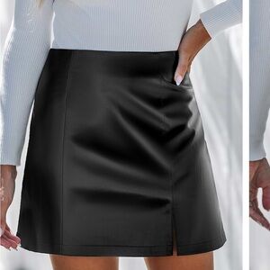 Black Faux Leather Notched Hem Mini Skirt